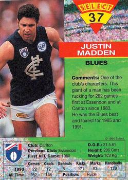 1994 Select AFL #37 Justin Madden Back